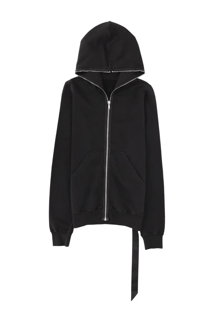 Drkshdw men’s felpa gimp black zip-up hoodie with silver zipper trim and distinctive tie at hem