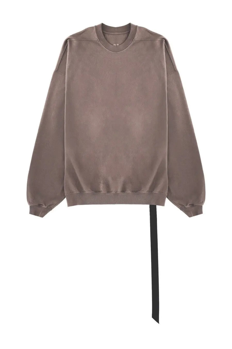 A taupe cotton oversized sweatshirt with ribbed crew neck and cuffs and a long black ribbon from the hem by drkshdw