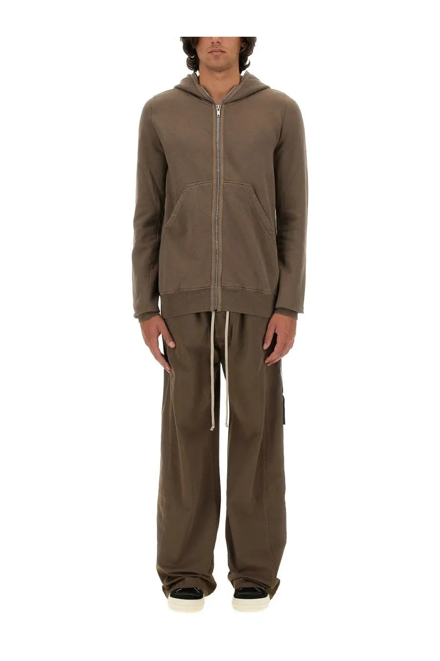 Drkshdw men’s gimp sweatshirt beige muted olive green zip up hoodie with hood front pockets and ribbed cuffs and hem