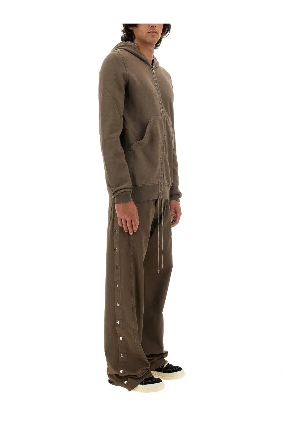 Drkshdw men’s gimp sweatshirt beige in muted olive green zip-up hoodie with matching drawstring and button-detail pants