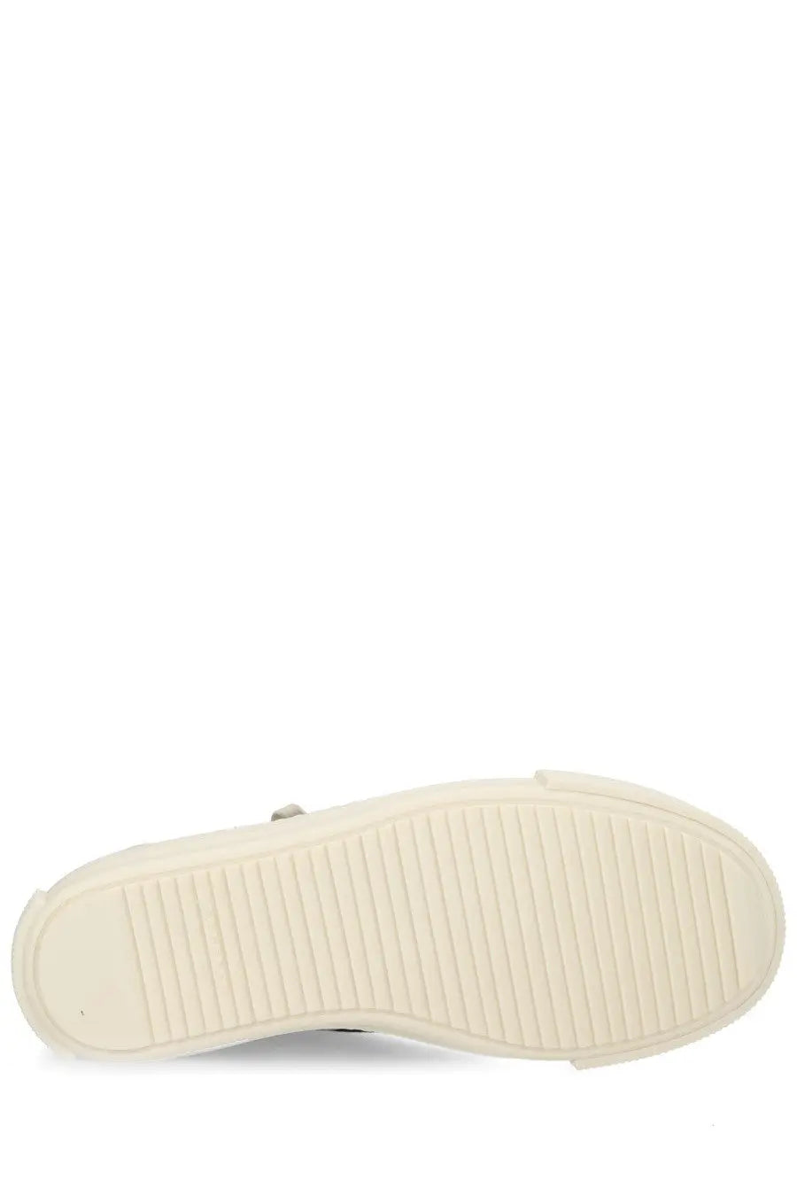 Back side of drkshdw men’s high denim sneaker black showing cream-colored rubber sole with textured ribbed pattern and metallic accent