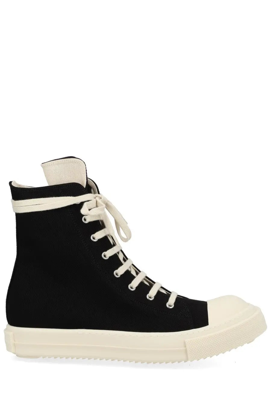 Drkshdw men’s high denim sneaker black with cream laces rubber toe cap and rubber sole in high-top design