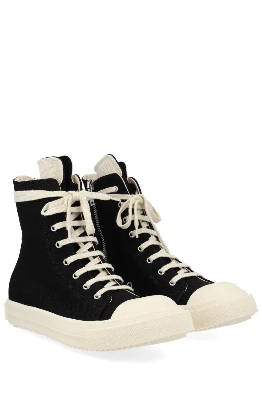 Drkshdw men’s high denim sneaker black with cream laces rubber toe caps and matching sole in black canvas