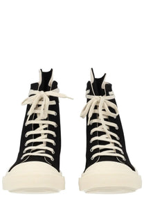 Drkshdw men’s high denim sneaker black with black high-top canvas upper white laces and cream rubber sole