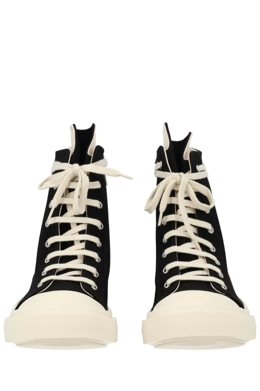 Drkshdw men’s black high top denim sneakers with white laces and cream rubber sole