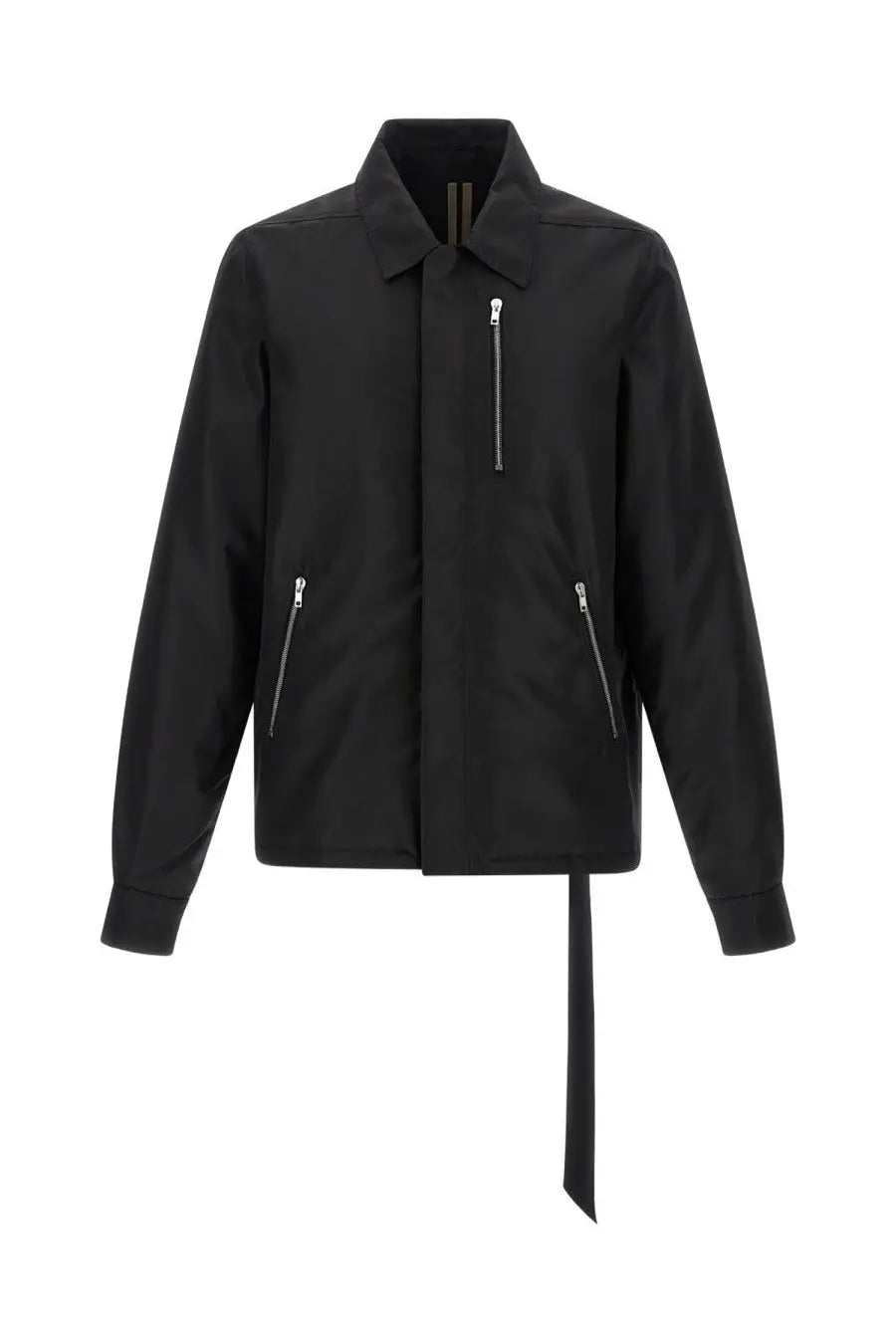 Drkshdw men’s black utility jacket with silver zippers and distinctive asymmetrical tie at the hem