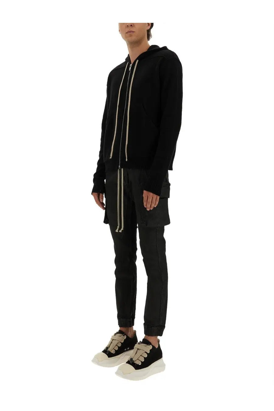 Drkshdw men’s black hooded zip-up jacket with cream zipper pulls and drawstrings paired with mastodon jogger pants