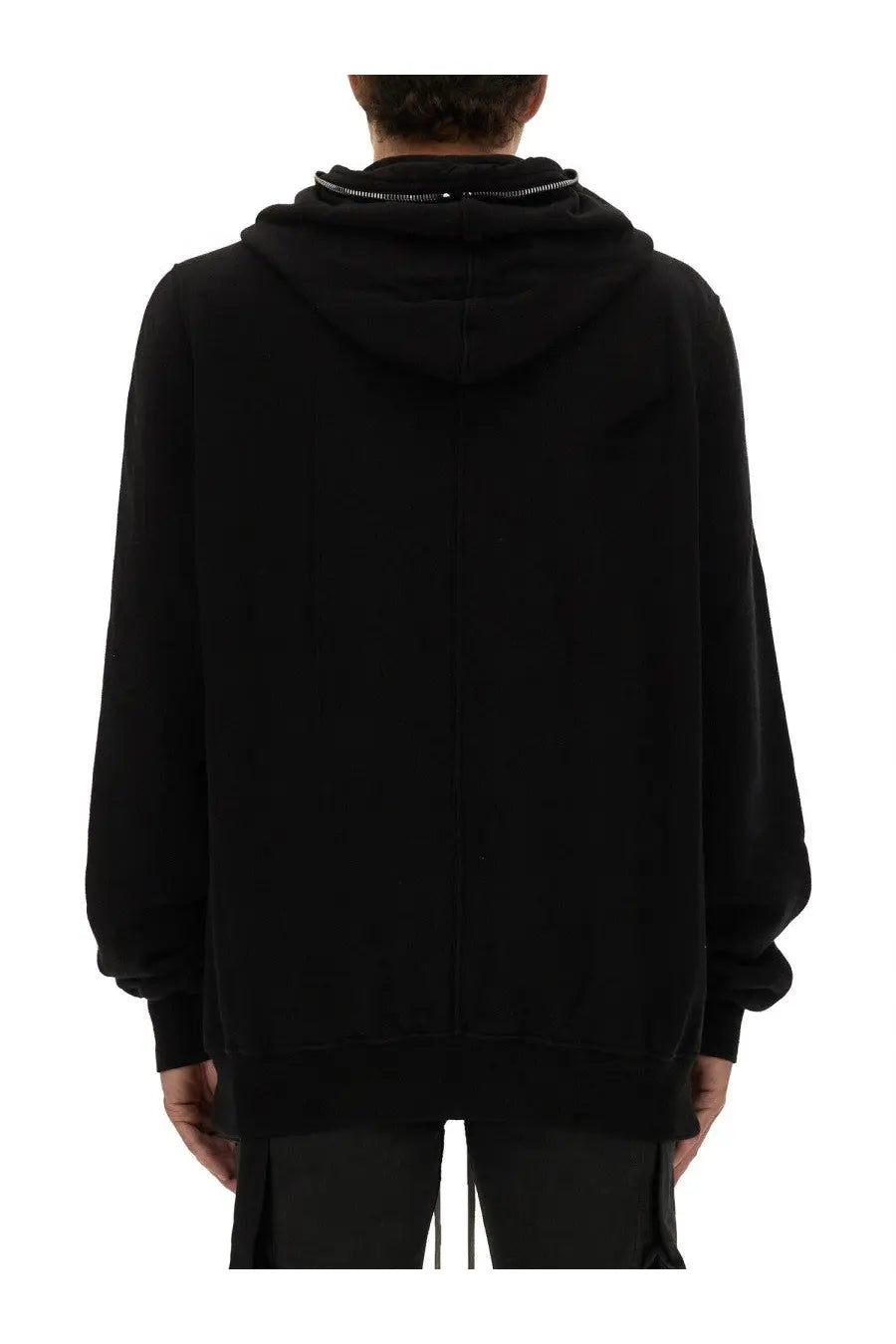 Drkshdw men’s jumbo gimp black hooded sweatshirt with silver zipper along the neckline in cotton blend fabric