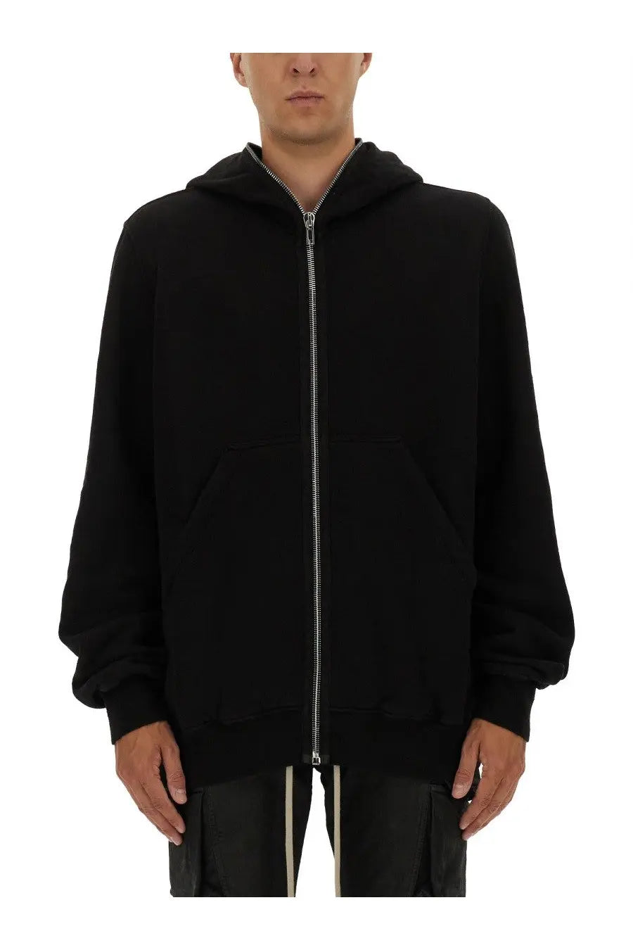 Drkshdw men’s jumbo gimp black zip-up hoodie with silver zipper and ribbed cuffs in cotton blend material