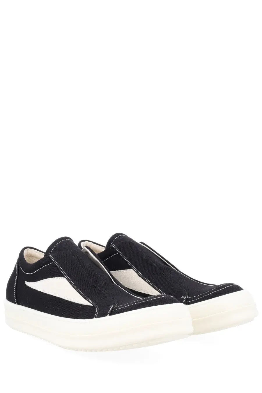Drkshdw men’s laceless vintage black canvas slip-on sneakers with white rubber soles and contrasting white side panel