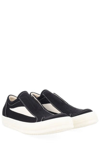 Drkshdw men’s laceless vintage black canvas slip-on sneakers with white rubber soles and contrasting white side panel