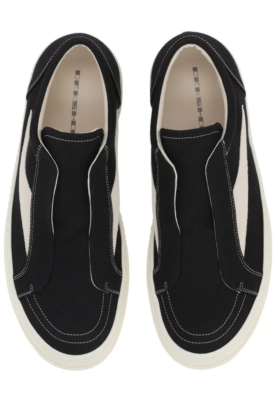 Drkshdw men’s laceless vintage sneaks sneaker black canvas slip-on with white rubber soles and contrasting white stitching
