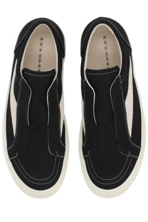 Drkshdw men’s laceless vintage sneaks sneaker black canvas slip-on with white rubber soles and contrasting white stitching