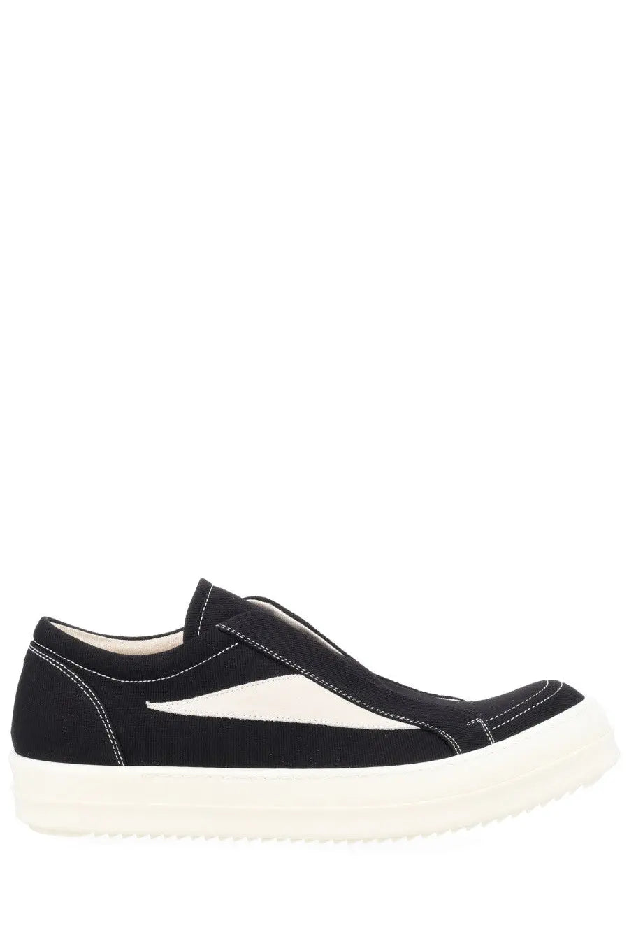 Drkshdw men’s laceless vintage sneaks black canvas slip-on sneaker with white rubber sole and triangular side panel