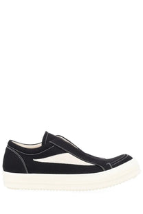 Drkshdw men’s laceless vintage sneaks black canvas slip-on sneaker with white rubber sole and triangular side panel