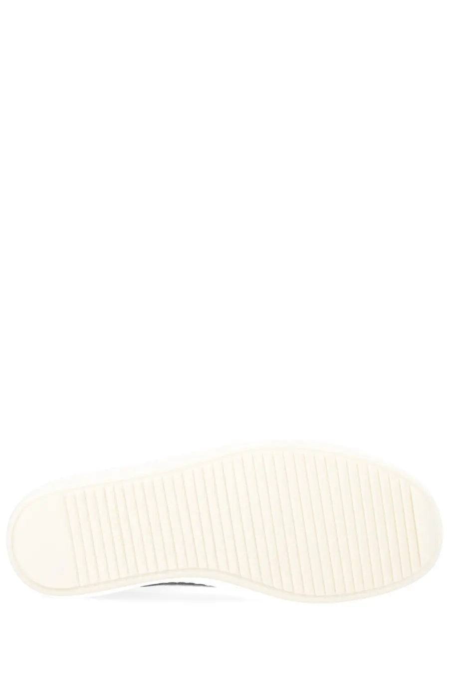 Cream-colored rubber sole with textured ribbed pattern on DRKSHDW men’s laceless vintage black sneaker