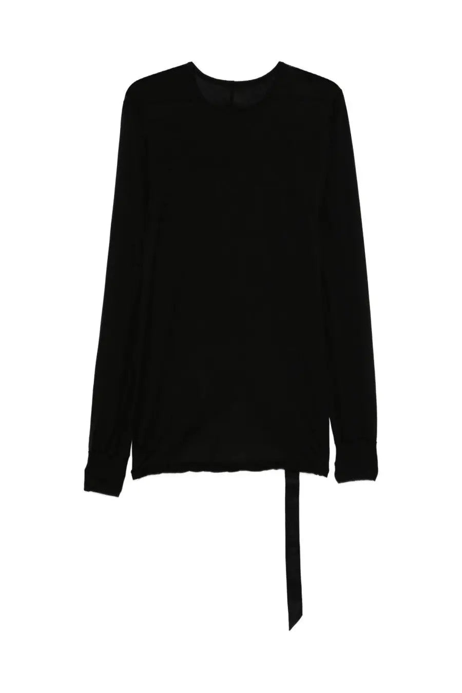 Drkshdw men’s black long sleeved shirt with round neckline and fabric tie hem in soft cotton blend