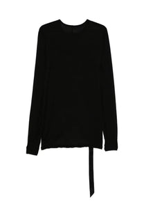 Drkshdw men’s black long sleeved shirt with round neckline and fabric tie hem in soft cotton blend