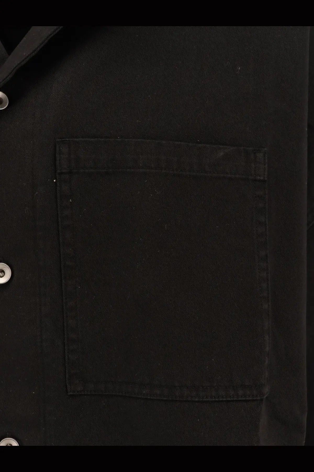 Drkshdw men’s magnum tommy denim shirt black showing black denim jacket pocket with reinforced stitching and silver button details