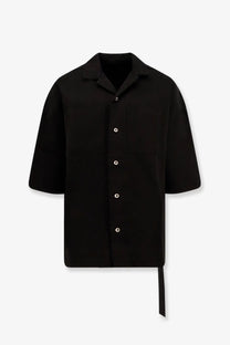 Drkshdw men’s magnum tommy black denim shirt with silver buttons and subtle asymmetrical tie at the hem