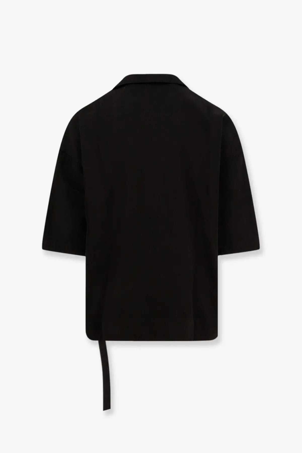 Back view of drkshdw men’s magnum tommy black denim shirt featuring short sleeves collar and asymmetrical tie