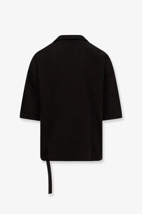 Back view of drkshdw men’s magnum tommy black denim shirt featuring short sleeves collar and asymmetrical tie
