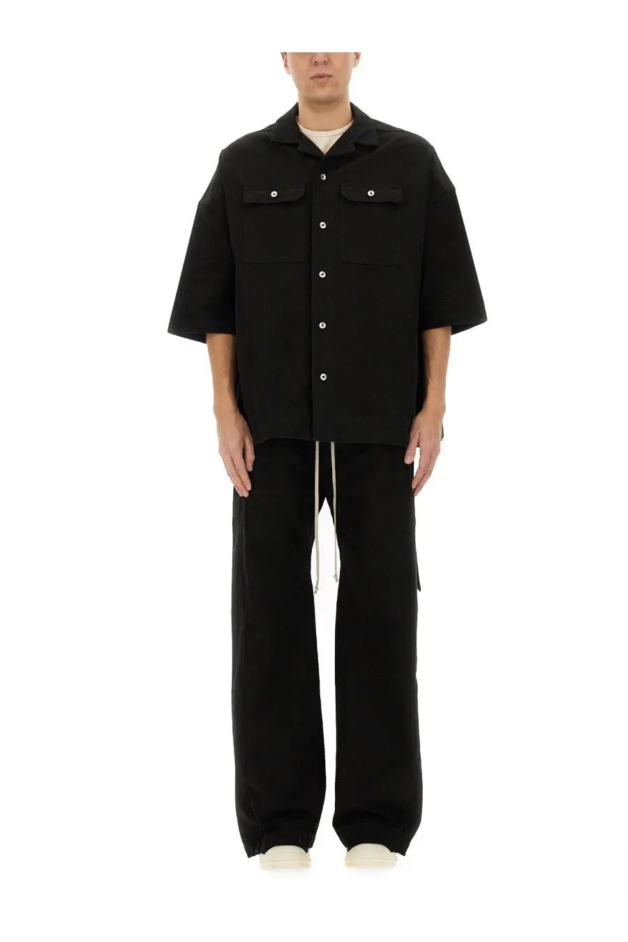 Drkshdw men’s magnum tommy shirt black short-sleeved button-up with two chest pockets and white buttons