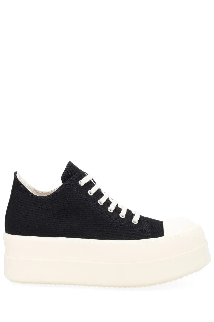 Drkshdw men’s mega bumper low sneaks sneaker black canvas low-top with white laces and thick off-white platform sole