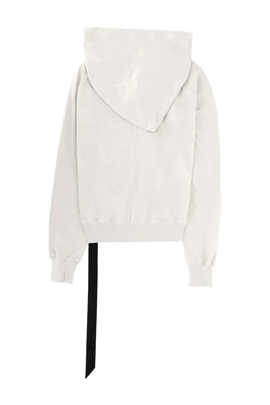 Back view of drkshdw men’s mountain sweatshirt white cropped hoodie with black ribbon tie detail