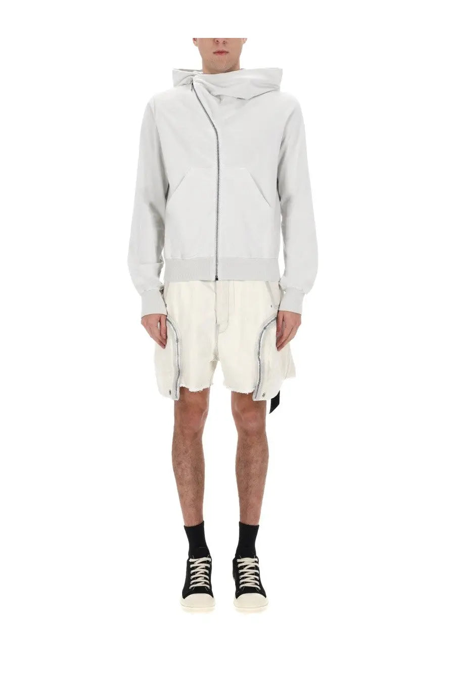 Drkshdw men’s mountain sweatshirt white light gray hooded zip-up jacket with asymmetrical zipper and seam detailing