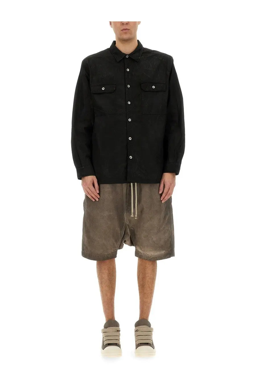 Drkshdw men’s outershirt jumbo black button-up shirt with two chest pockets and white buttons in black color