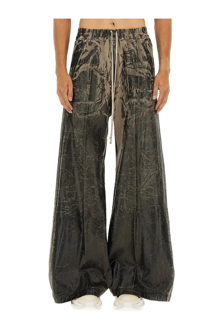 Drkshdw men’s black camo wide-leg pants with drawstring waistband in black and gray camouflage pattern