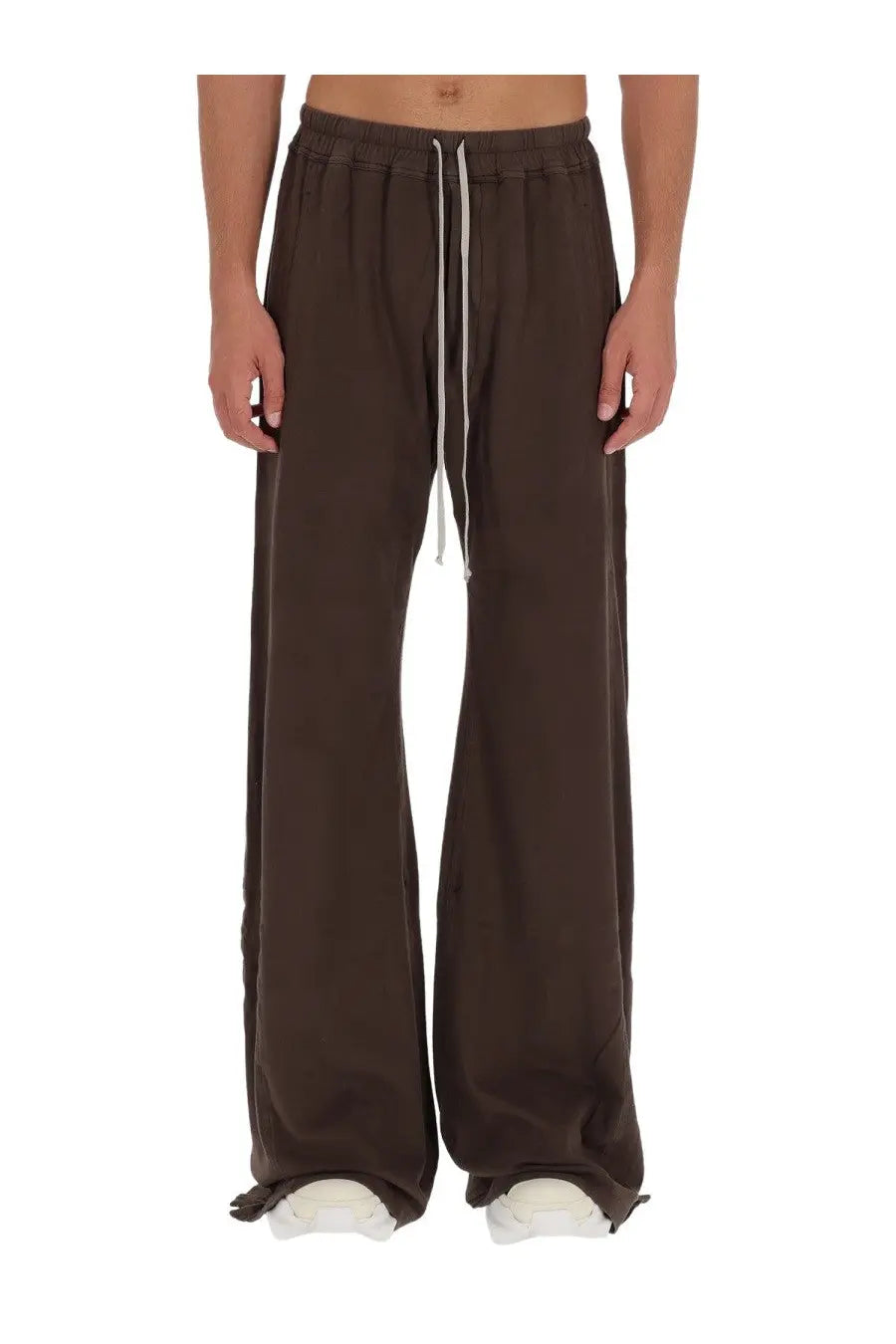 Brown wide-leg cotton sweatpants with drawstring waist and white cord accents from drkshdw men’s pants pusher collection