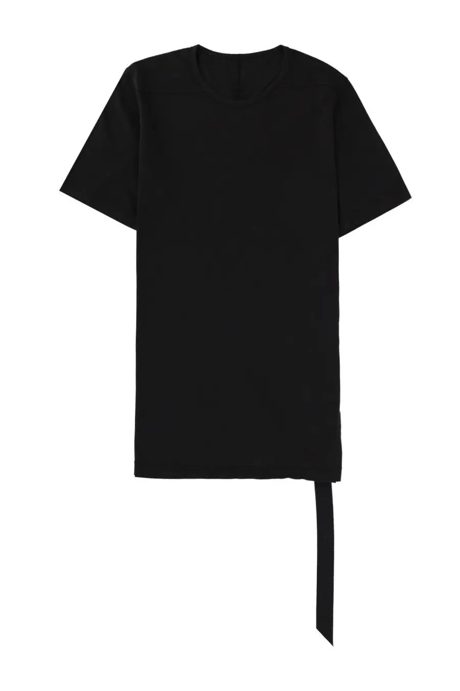 Drkshdw men’s black short-sleeved v-neck shirt with asymmetrical hem and long tie detail