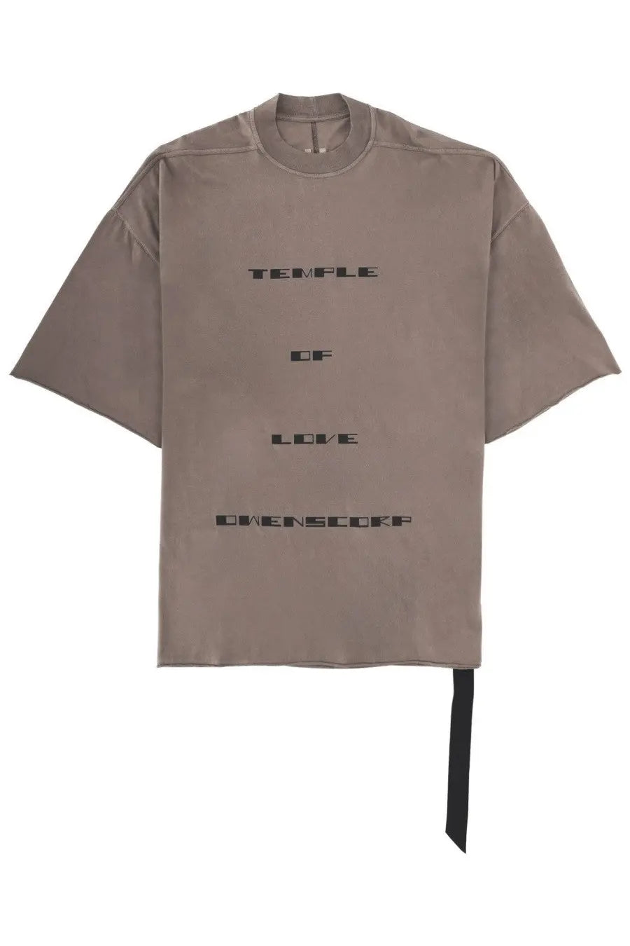 Drkshdw men’s taupe oversized t-shirt with black temple of love dimenscorp graphic and ribbon tie at hem