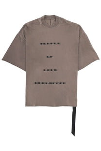 Drkshdw men’s taupe oversized t-shirt with black temple of love dimenscorp graphic and ribbon tie at hem