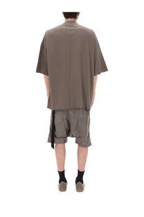 Back view of drkshdw men’s loose-fitting oversized olive-green short-sleeved shirt with central seam