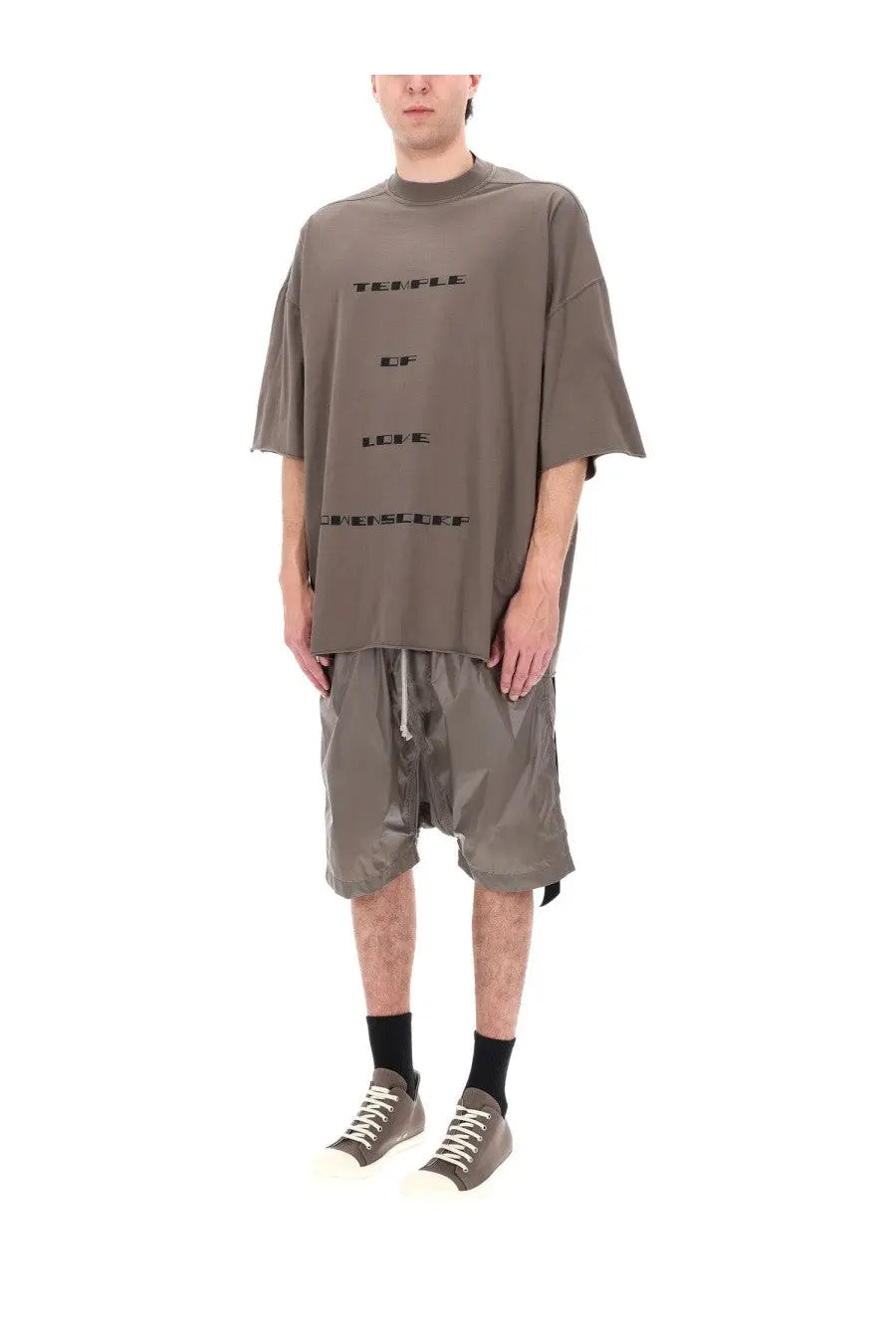 Oversized olive green drkshdw men’s t-shirt with bold black text across the chest in cotton fabric