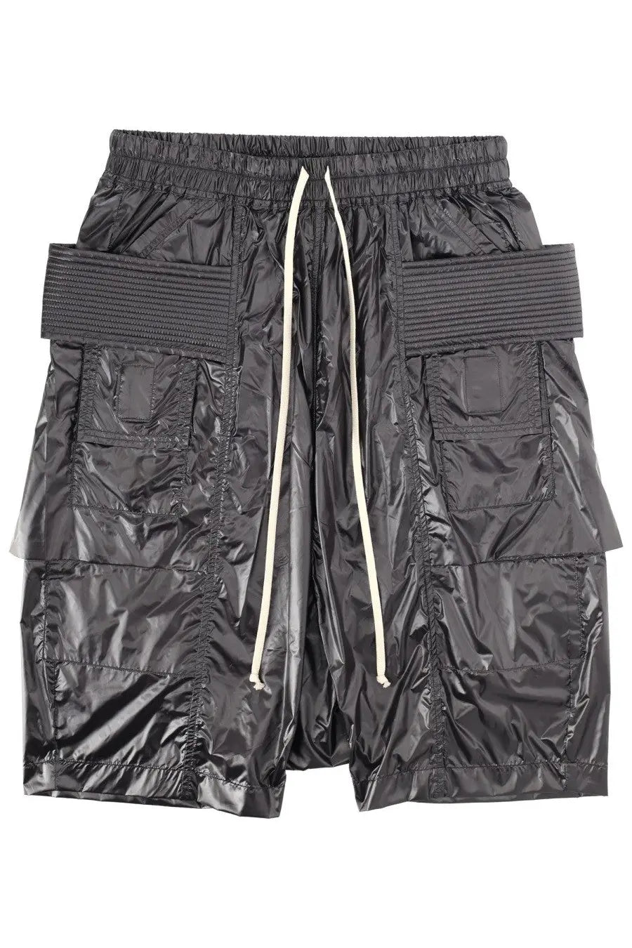 Drkshdw men’s black glossy nylon cargo shorts with ribbed fabric accents and cream-colored drawstrings