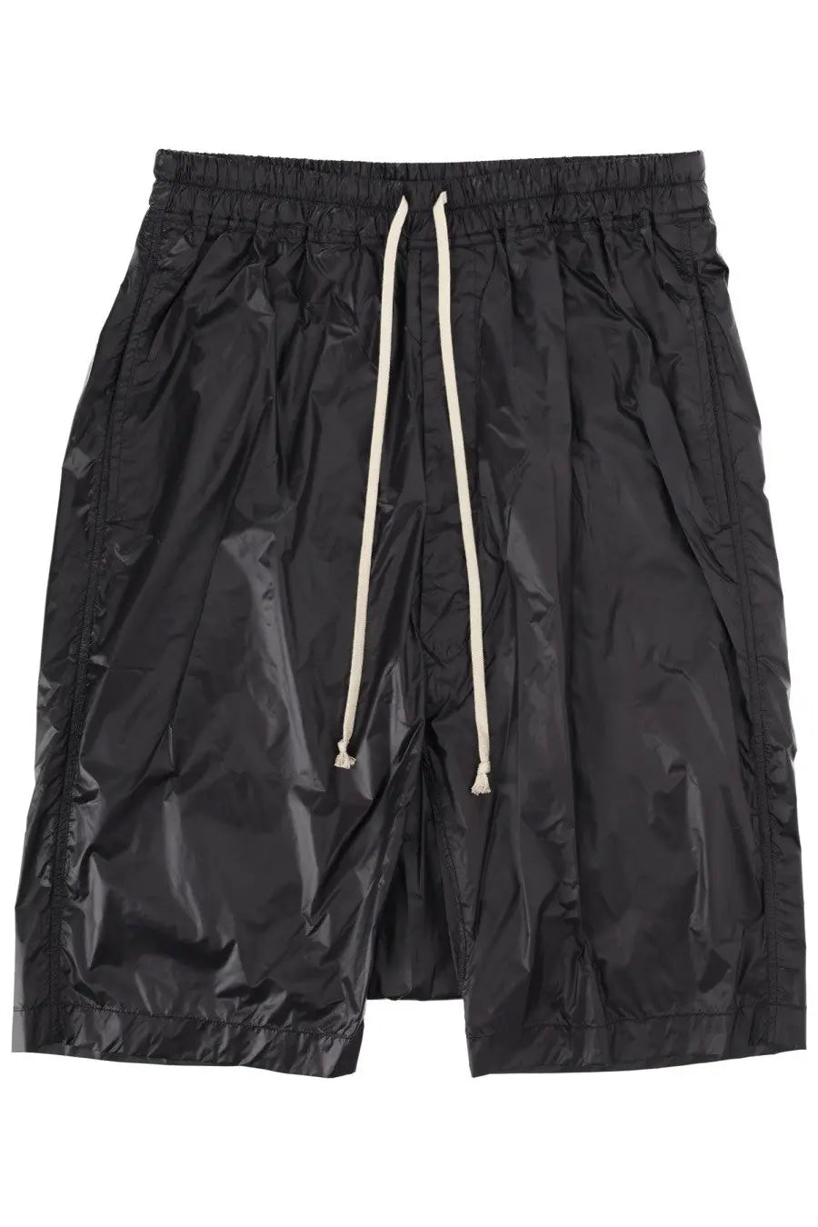 Drkshdw men’s black glossy nylon shorts with cream drawstrings ideal for casual and active wear