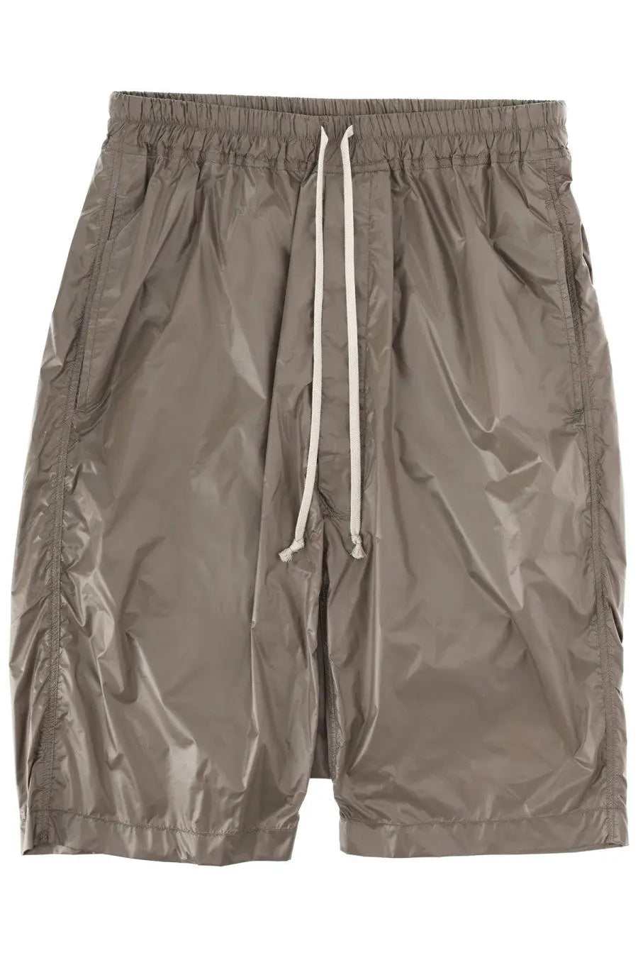 Drkshdw men’s gray glossy nylon shorts with white drawstring waist ideal for casual wear