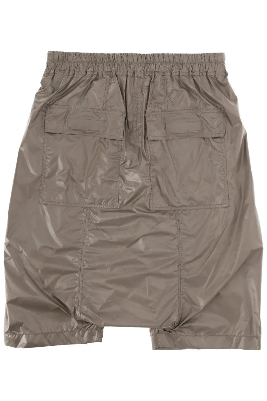 Drkshdw men’s drawstring pods brown shorts in tan glossy nylon with elastic waistband and multiple flap pockets