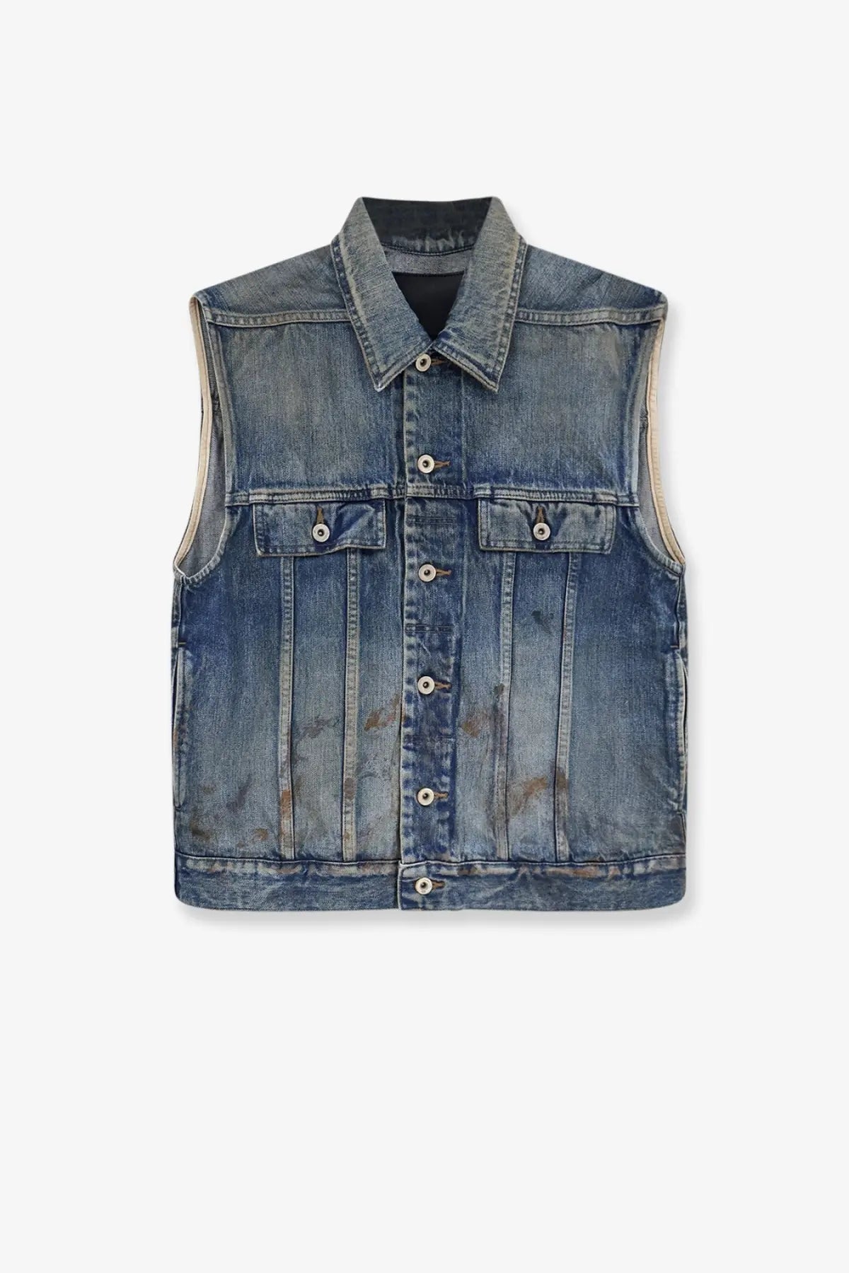 A distressed blue denim vest with a classic collar and button closures from drkshdw men’s vintage wash collection