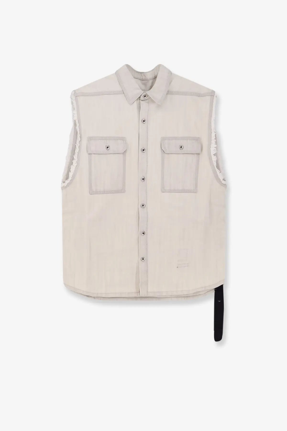Beige sleeveless denim vest by DRKSHDW for men with frayed armholes and two front pockets in white denim material