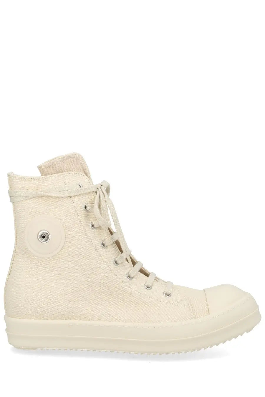 Cream-colored drkshdw men’s high-top sneaker alta with canvas upper rubber sole and metallic eyelets in denim white