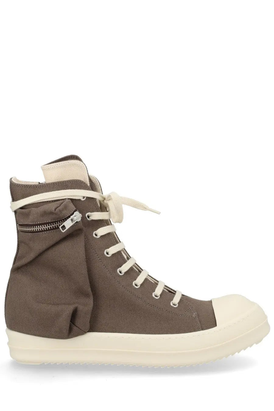 Drkshdw men’s olive green canvas high-top sneaker with off-white rubber toe cap, sole, white laces, and side zipper
