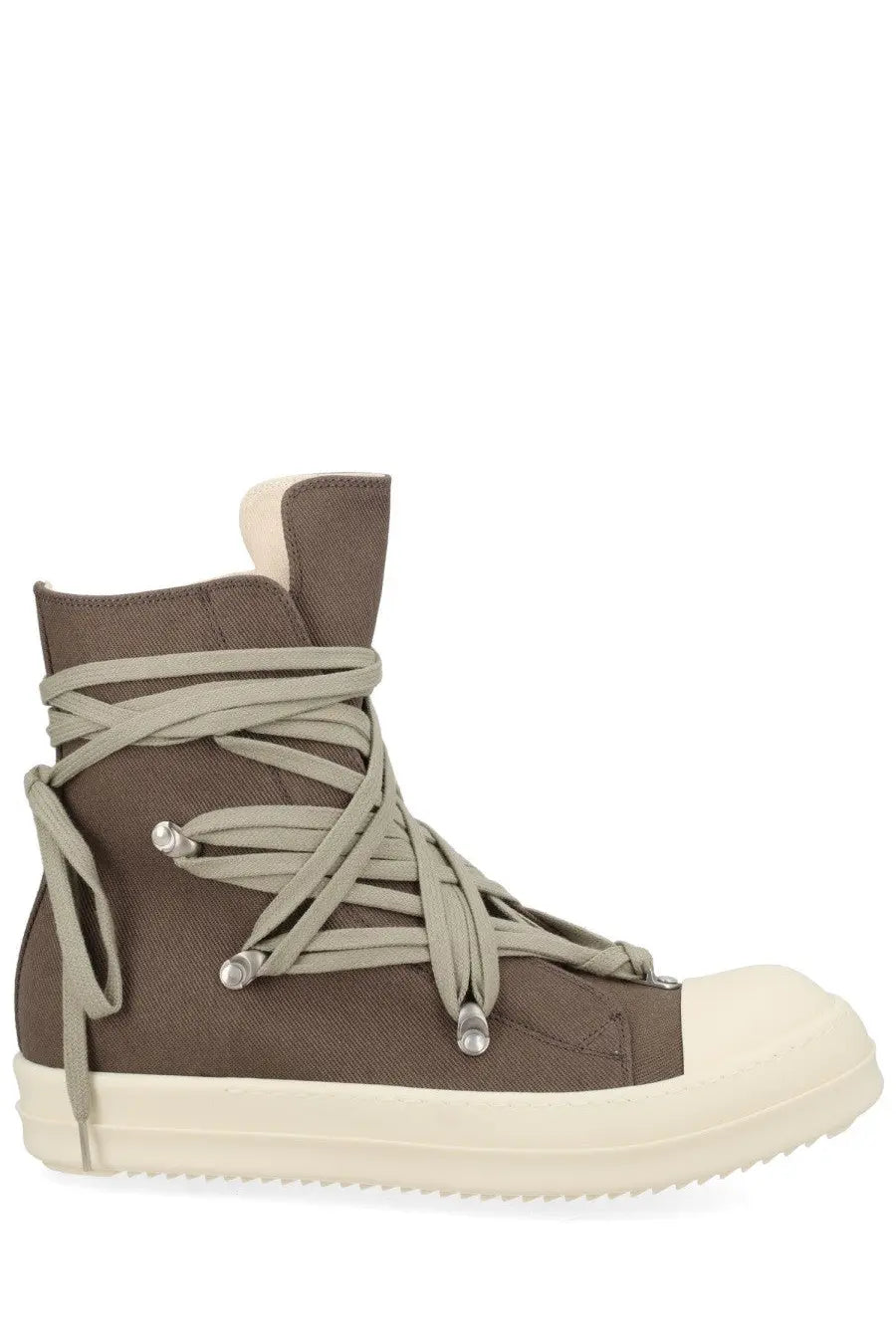 Drkshdw men’s sneaker megalace brown high-top with light gray laces silver eyelets and white rubber sole