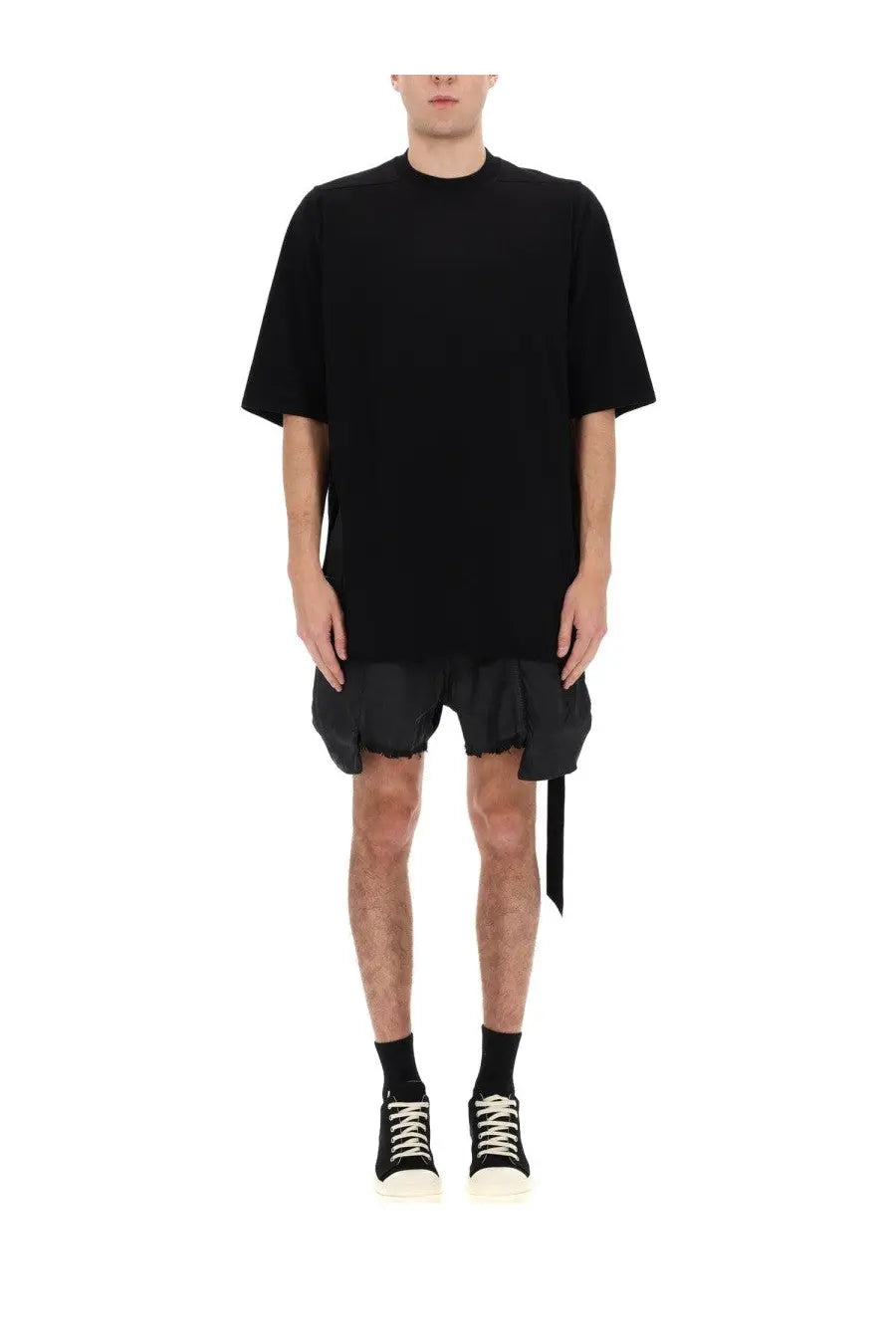 Black oversized short-sleeved t-shirt with relaxed fit and asymmetrical hemline from DRKSHDW men’s collection