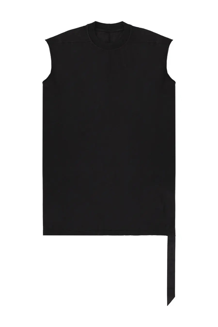 Drkshdw men’s black sleeveless tarp shirt with high neckline and asymmetrical hemline featuring long side slit