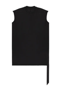 Drkshdw men’s black sleeveless tarp shirt with high neckline and asymmetrical hemline featuring long side slit